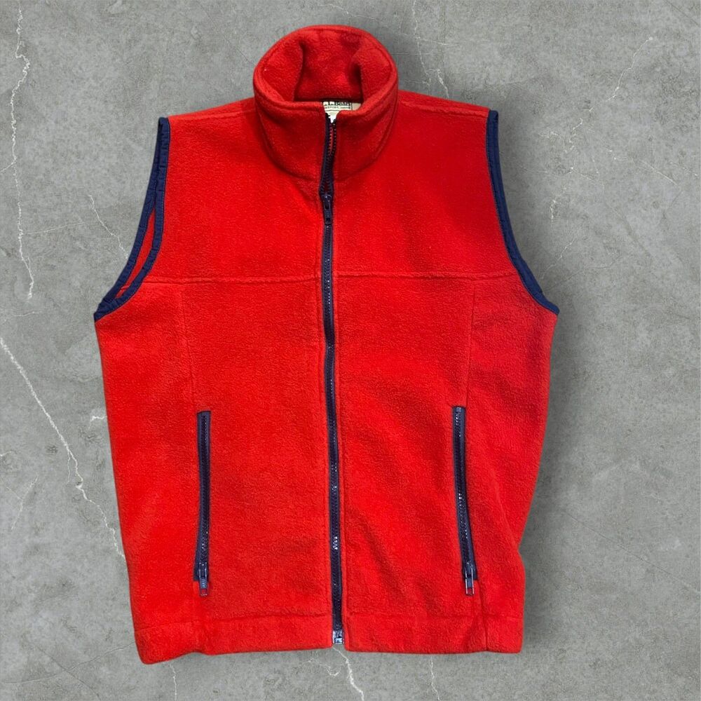 L.L. Bean Vintage Full Zip Fleece Vest Red Navy Piping Zipper Pockets Women's M